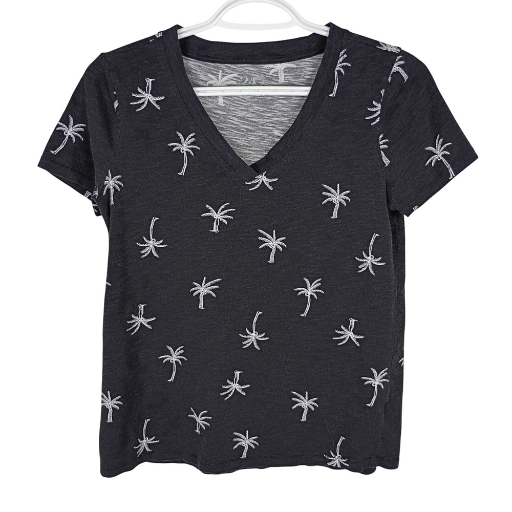 24/7 Comfort Apparel Women Black Palm Tree Print V-Neck T-Shirt XS